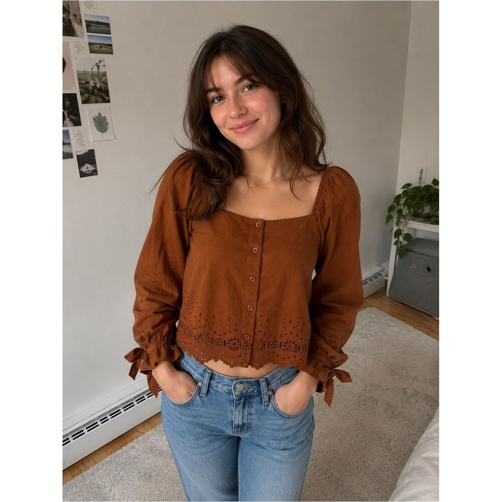 Madewell Square-Neck Button Front Corduroy Top in Rust